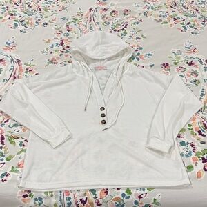 White Hooded Long Sleeve Top with Button Detail